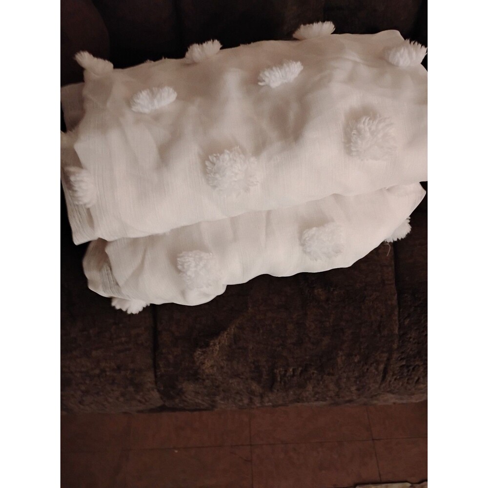 DKNY Ella Sheer White Playful Puff Ball 2 Panel Nursey Girls Room Curtains